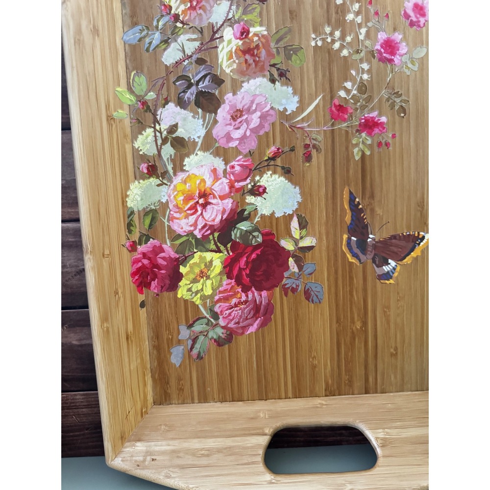Floral Bamboo Serving Tray with Handles Rose Butterfly Botanical Wood Platter - Picture 2 of 4